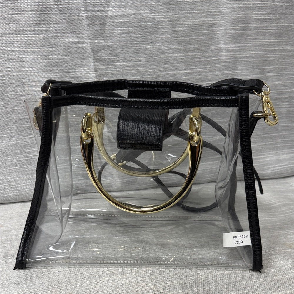 Clear and Black Handbag with Gold Accents and detachable/ adjustable strap